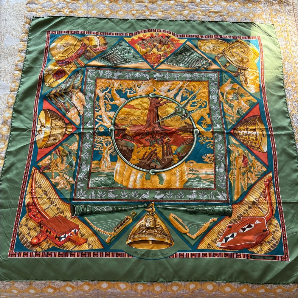 Hermes "Au Son du Tam Tam" 35" Green Silk Twill Square